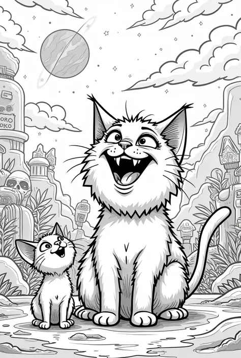 Create detailed, black-and-white coloring pages featuring expressive cats in various humorous and exaggerated scenes. Each page should have bold, clean lines suitable for coloring, with intricate details in both the cat characters and their surroundings. T...