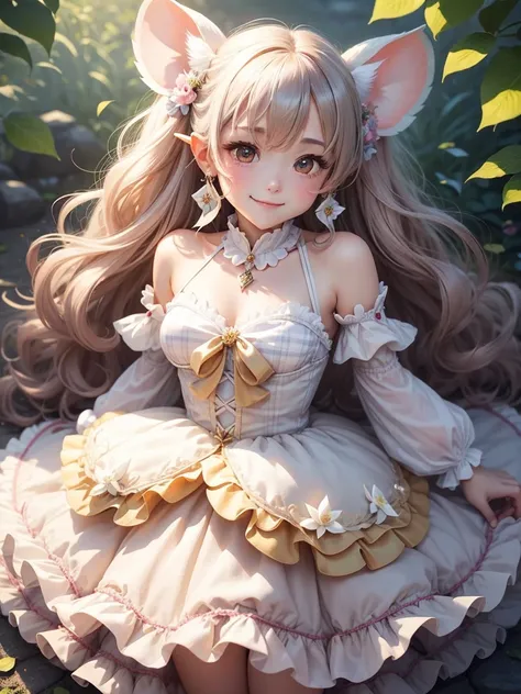 whole bodyを映す,cute little fairy、、Fairy Wings、, , Hime cut,  whole body、Pointed Ears、Puff sleeve dress！Fluffy skirt、leaf、flower, , 、Crystal Earrings, Natural curls, , Lots of white space, leafのヘアアクセサリー, Anatomically correct, , Heart-shaped ahoge, Pompadour,...