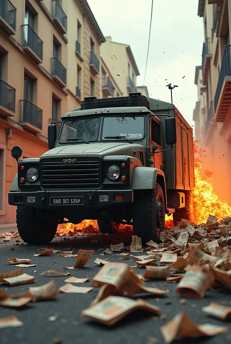 A valuables transport vehicle "armored car exploded, many banknotes on the ground and the phrase graffitied :You speak, I&#39;m tired! In Portuguese.