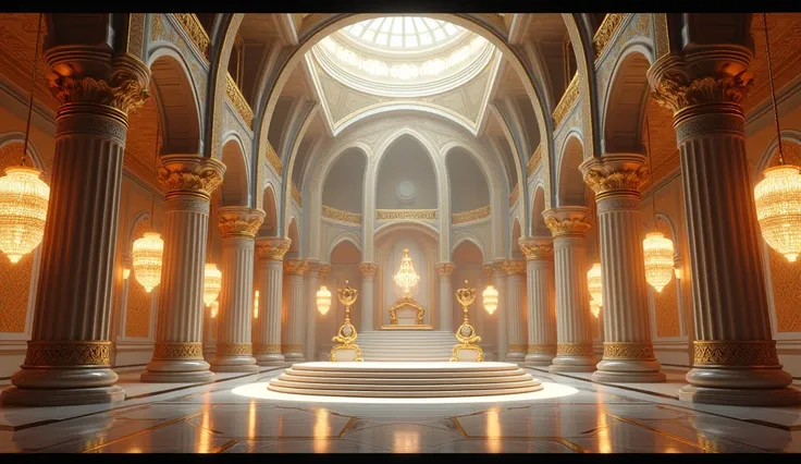 a large futuristic persian palace throne room, intricate architectural details, ornate columns, grand staircase, circular staircase, luxurious furnishings, glowing crystal chandeliers, golden accents, exquisitely designed, cinematic lighting, photorealisti...