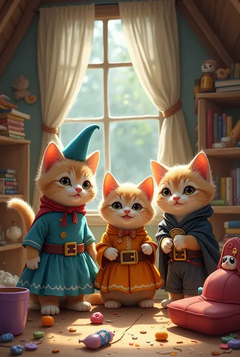 The Catnip family in various whimsical costumes, playing dress-up in the attic. The scene should be filled with fun and laughter, with each kitten engaged in a different imaginative role.