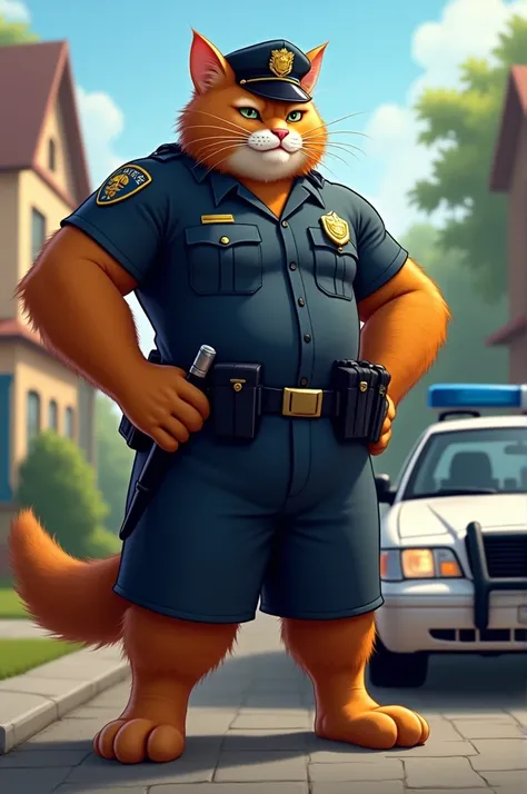 A orange body builder cat in human body wearing a police officer dress walking outside a  police car  outside a house