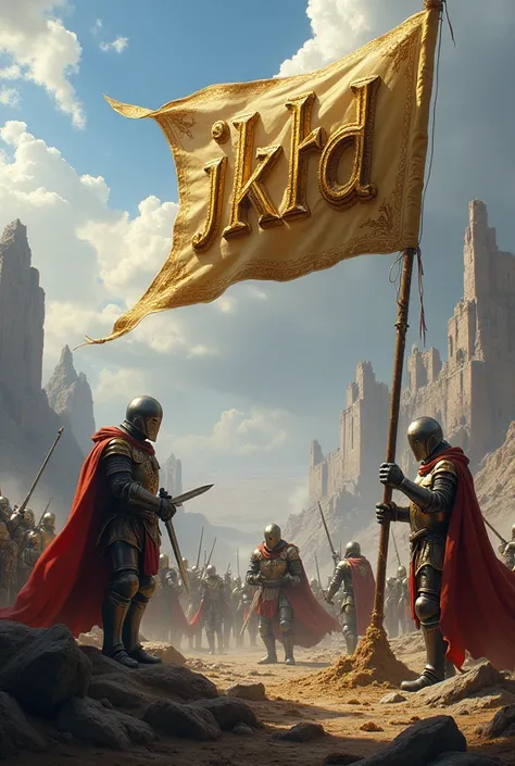 Create a picture where legendary knights in a battle stick a flag into the ground that says JKHD ( in exactly this font and gilded )