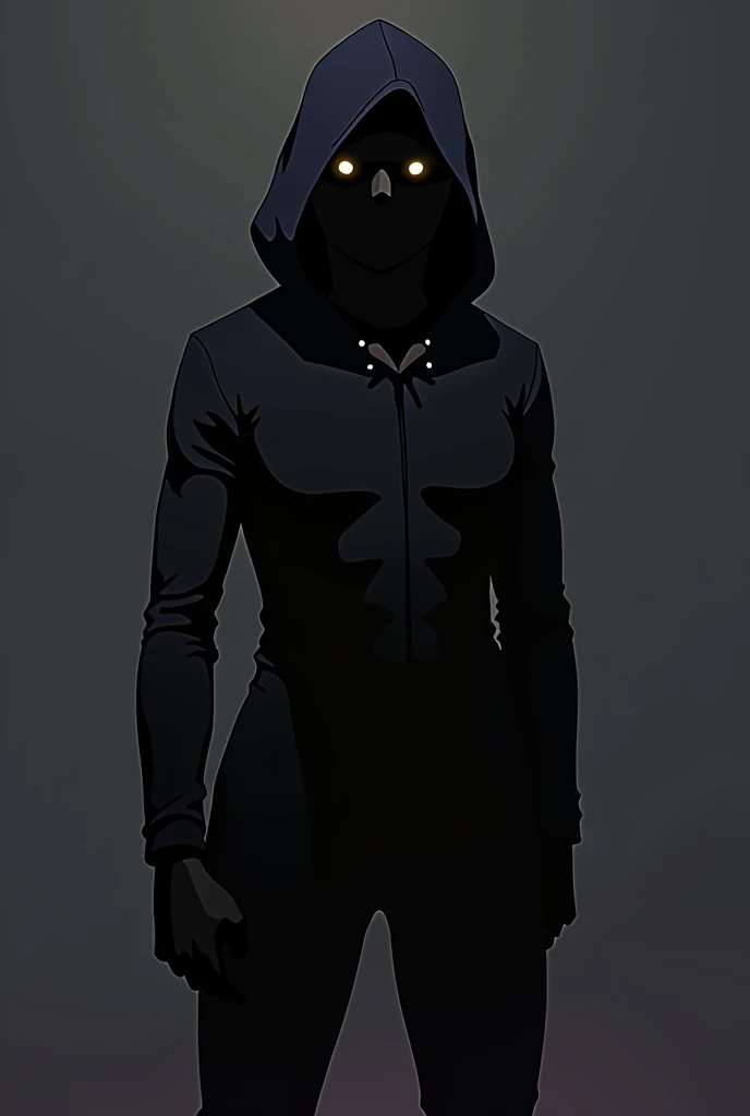 Black jumpsuit hood，Wear a mask，Anime style，full-body shot，Solid color background，front Photo