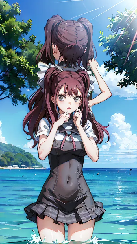 ultra high quality,masterpiece,(((uniform,hands_on_head))), kujikawa_rise/(persona_4),(((having fun in the water around the beac...