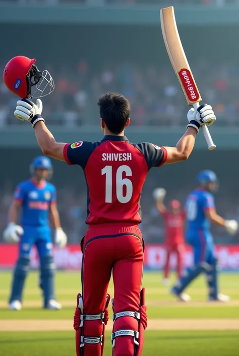 Ipl season 2024 rcb tem  Jersey no. 16 with name shivesh in ground generat a 3d picture with a player back side. player age 18 year. helmet left hand and bat right hand. Celebration century in stadium. 6 fit hight. stylish hair T-shirt border blue
Bat name...