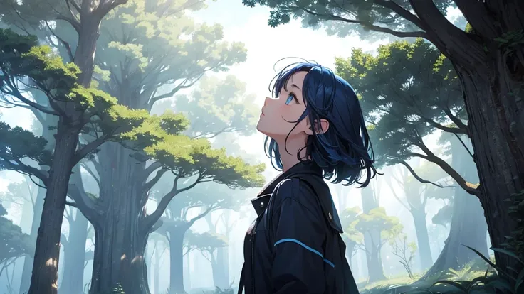 A girl looking up, dark blue hair, a lonely expression, a gigantic tree, the World Tree 