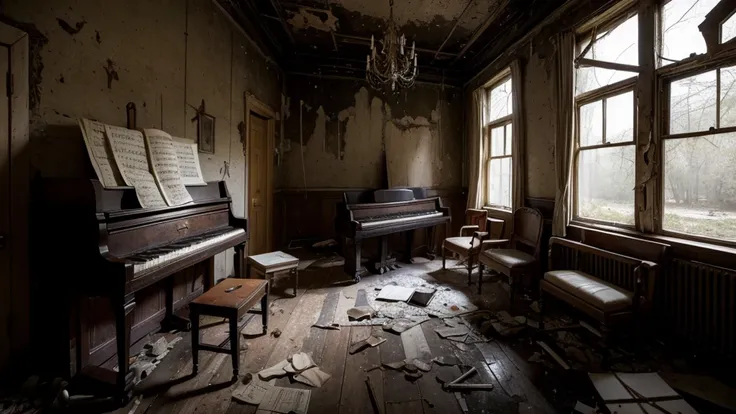 In an abandoned and decaying room, a broken and weathered upright piano stood against a peeling wall. The keys are chipped, missing, and covered in dust, with a worn sheet of music paper still attached to the stand. Candlesticks and crosses rested on top o...