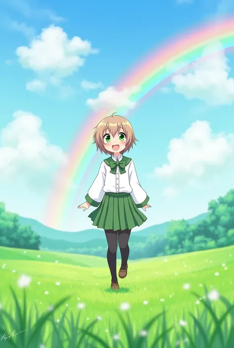 1girl, androgynous, petite, ahoge, solo, short hair, green bow, looking around, bow, standing, green bowtie, green eyes, long sleeves, bowtie, school uniform, sailor collar, bangs, serafuku, light brown hair, full body, field, rainbow, smile, jumping, pant...