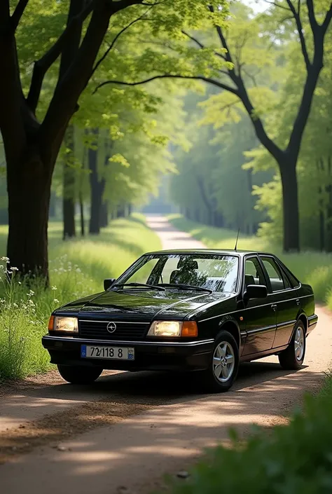 Create image of an old black vectra gls 2001 with led headlights in nature