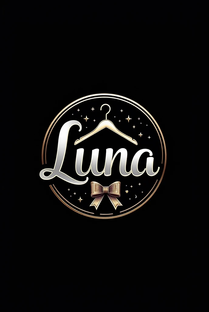 Luna Closet Logo with silvery font.black background with stars.make it inside a round shape with a hanger with bow behind the font.make it look old money vibes yet elegant and colorful 