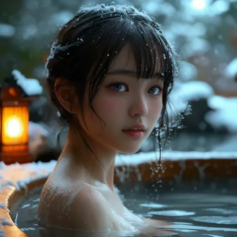 A high school girl from Tokyo, beautiful detailed eyes, beautiful detailed lips, extremely detailed eyes and face, long eyelashes, naked in an open-air bath, She is taking a half bath, hot spring inn in Nagano Prefecture, snowing outside, With cleavage 1.3...