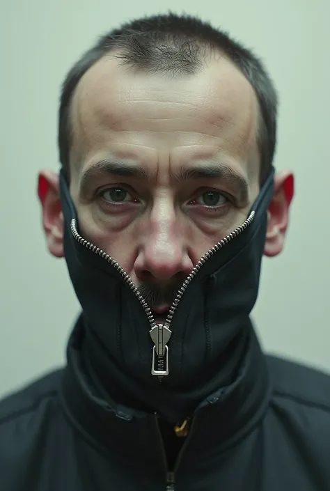 A man&#39;s head with a zipper covering his mouth