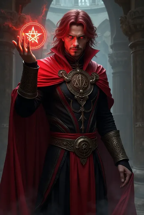 Create a male character with crimson red eyes and hair, and with a kind of pentagram in his hand as if it were magic 