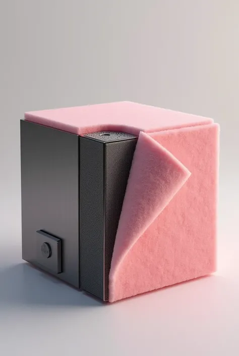 corner of a cube with a proportion of the entire screen , This cube has a pink foam look on top and peels off an additional slowly the other sides are shown as metallic textured sound bars