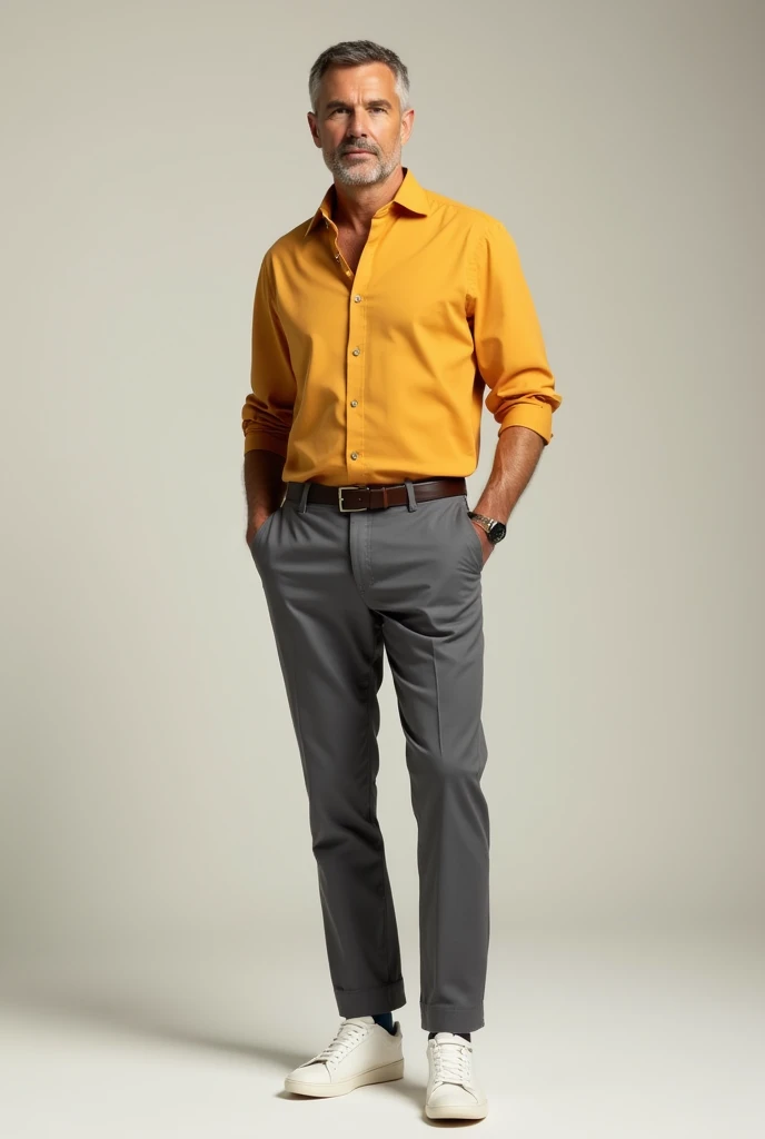 a man wearing grey colour pant with deam yellow
 colour shirt tuck in 
and plane white sneaker
