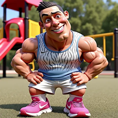 This image is a 3D rendering of Cristiano Ronaldo standing in front of a sports field. The man is wearing a white tank top with a zebra print pattern and blue shorts. Her arms, and shes also wearing pink Nike sneakers. He stands with his hands on his hipsA...