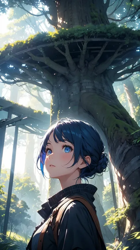 A girl looking up at a giant tree, dark blue hair, lonely expression, World Tree, fantasy, sunlight filtering through the trees