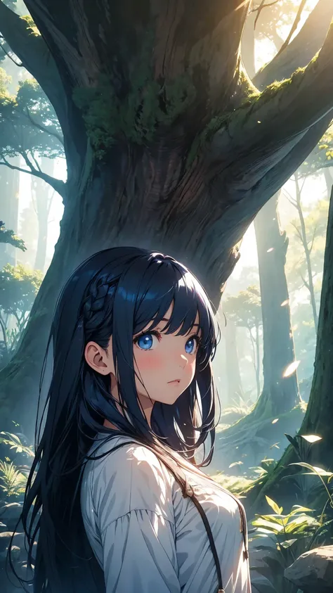 A girl looking up at a giant tree, dark blue hair, lonely expression, World Tree, fantasy, sunlight filtering through the trees