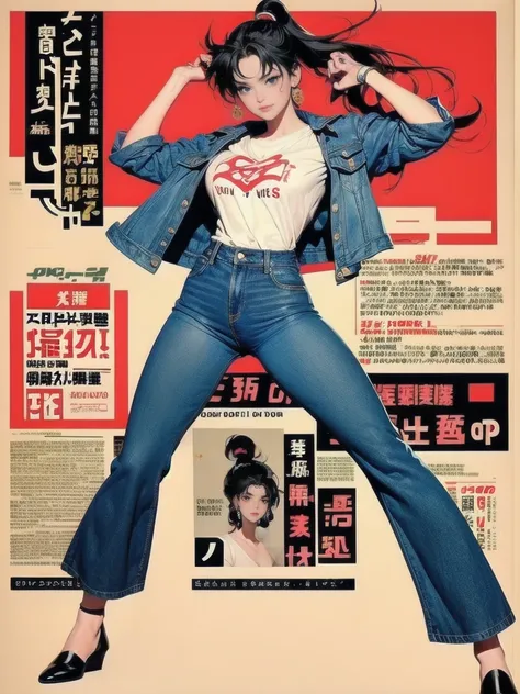 Sailor moon in modern clothes, long jean jacket, printed t-shirt, dynamic full body pose, Japanese poster.