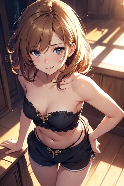 cute mature girl, tiny body, flat chest, cute strapless top, shorts, playful smile, hair on face, from above, highly detailed, 8k, photorealistic, masterpiece, cinematic lighting, vibrant colors, soft focus, elegant, whimsical, dynamic composition, anime i...