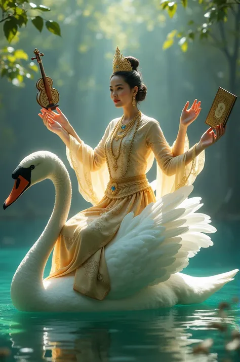 A woman in Thai dress rides a swan with four hands, holding a violin, a necklace and a scripture.