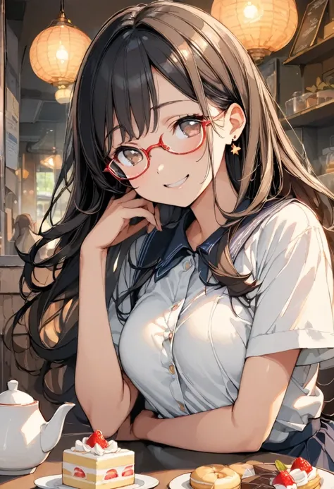 A girl is enjoying tea in a coffee shop. There is a teapot, cakes, cookies, etc. on the table. She is feeling at peace.

1girl, 17yo, brown eyes are shining and cute, black hair, long hair, extremely detailed neat hair, tareme, ((red-rimless eyewear:1.2)),...