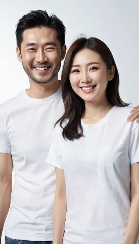 Hyper-realistic, highly detailed images、30-year-old woman、A 30-year-old Japanese man wearing a white T-shirt stands on the left and smiles、I wear clothes、Touching the stomach、smile、Ultra HD ,image quality