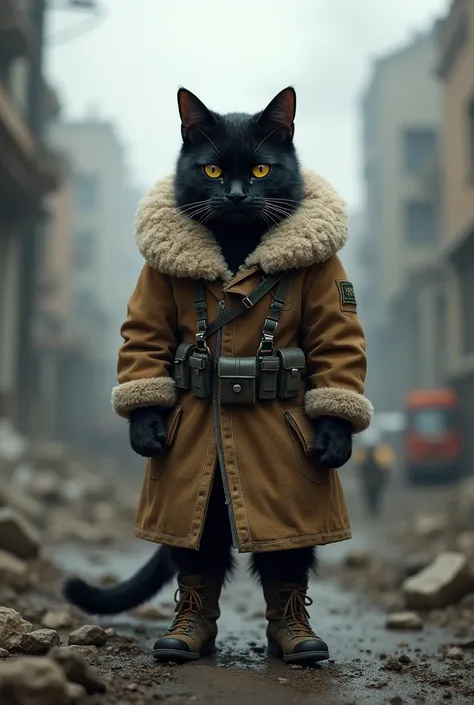 Black cat soldier in sheepskin clothing