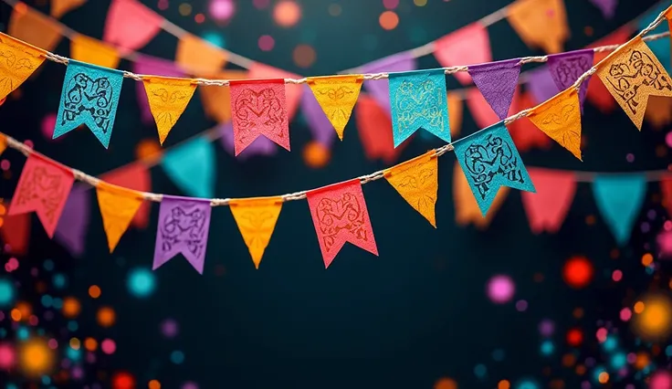 "On these holidays, The only cry we want to hear is that of pleasure."Brightly colored paper flags hanging on a string on a dark background, intricate solid color background, celebrating the day of the dead, mexican folklore, HD background, background imag...