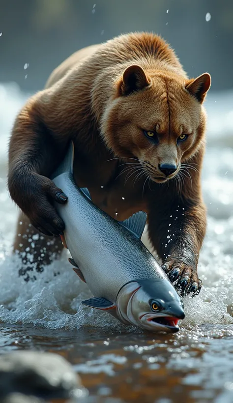 A cat, like a bear, uses its front paws to catch a salmon by the riverbank. The cat’s face is filled with determination as it firmly presses down on the struggling fish, with water splashing around. Behind it, a fast-flowing river adds to the intensity, as...