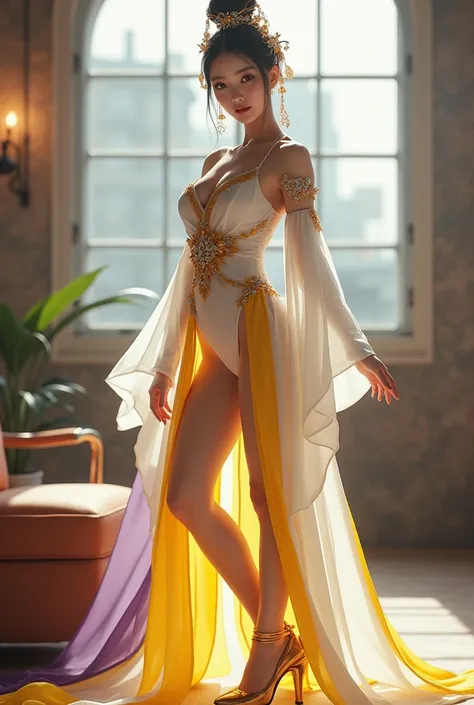 Urban, skylight, hyper realistic ,full body of a beautiful girl like Korean,with sexy donghua costume, white,yellow, purple , wearing shoes , with supporting ornaments,HD, detail Face, looking at viewer , with a hand style like the beautiful hyper kawai mo...