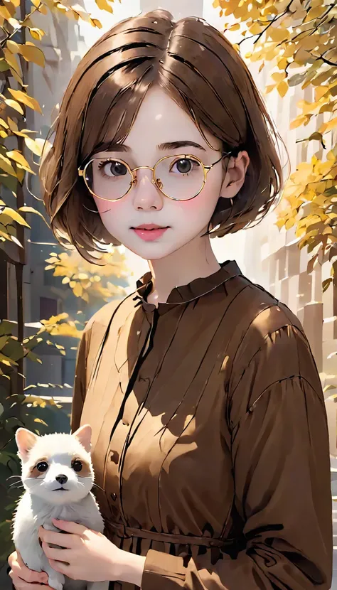 Short Hair Girl，Gold wire glasses，There is a mole on the right corner of the mouth，Adorable，Air Van，Brown dress with white trim