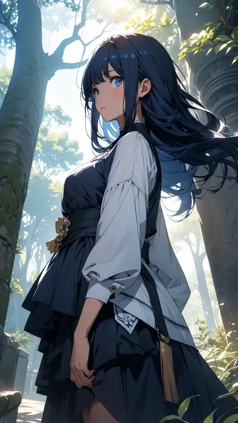 A girl looking up at a gigantic tree, long navy blue hair, a lonely expression, World Tree, Fantasy, Sunlight filtering through the trees, Wind