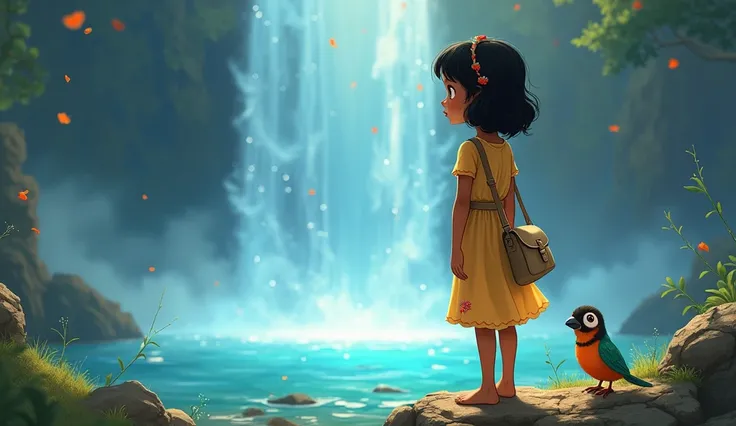 Maya ( A young girl, around 10-, with brown skin, wavy black hair reaching her shoulders, and large brown eyes filled with innocence and hope. She wears a simple, faded yellow dress with floral patterns, and is barefoot. Maya carries a small cloth bag slun...