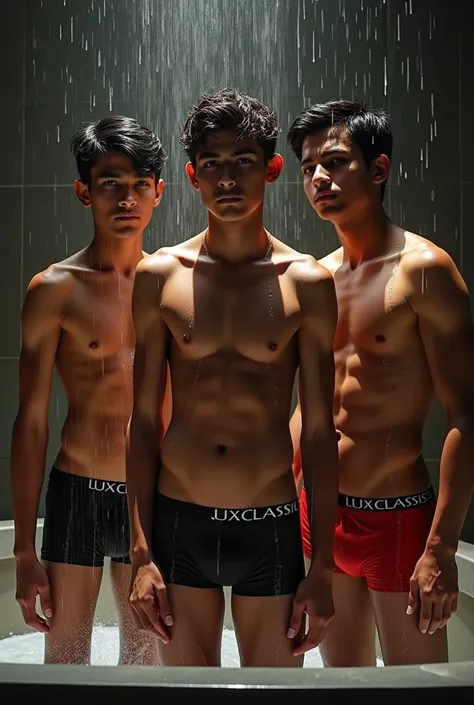 a 3 boys  indian boy,male,black and red underwear,color lux classic company trunk underwear,one boy friend in same clothes,trunk underwear only,photorealistic,8k,highly detailed,hyperrealistic,cinematic lighting,chiaroscuro lighting,dramatic lighting,warm ...