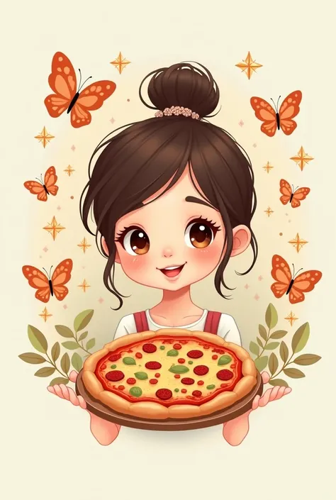 A cute girl is holding a pizza. The girl will be surrounded by small stars and butterflies. All together will create a logo.