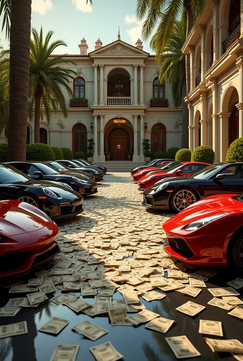 A villa their have money in the floor and 10 luxury cars are their 

