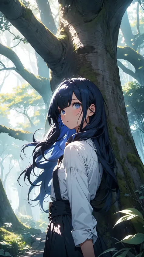 Huge tree, girl looking up at the sky, long navy blue hair, lonely expression, world tree, fantasy, sunlight filtering through the trees, wind, whole body