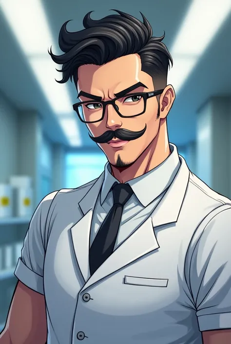 Anime character: A handsome young dentist with a charming personality dominated by intelligence. He wears rectangular glasses and a white medical vest. His eyes are black and his hair is black. He has charisma and a beautiful black mustache and a small bea...