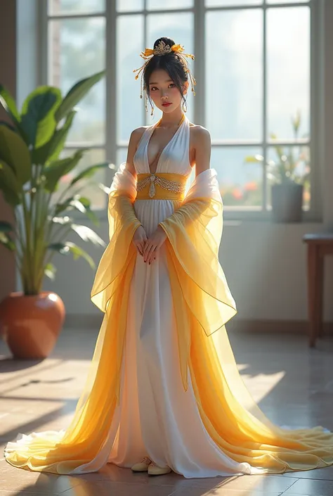 Urban, skylight, hyper realistic ,full body of a beautiful girl like Korean,with sexy donghua costume, white,yellow, purple , wearing shoes , with supporting ornaments,HD, detail Face, looking at viewer , with a hand style like the beautiful hyper kawai mo...