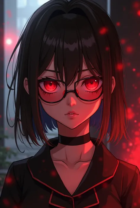 Create an anime character similar to Hu Tao but with crimson red eyes and also has blood red glasses and brown hair that covers only one eye.