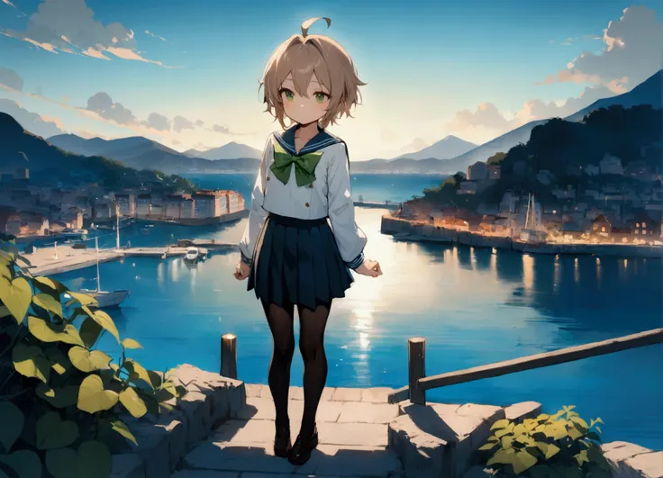 1girl, androgynous, petite, ahoge, solo, short hair, green bow, looking around, bow, standing, green bowtie, green eyes, long sleeves, bowtie, school uniform, sailor collar, bangs, serafuku, light brown hair, full body, harbor, mountain, cityscape, pantyho...