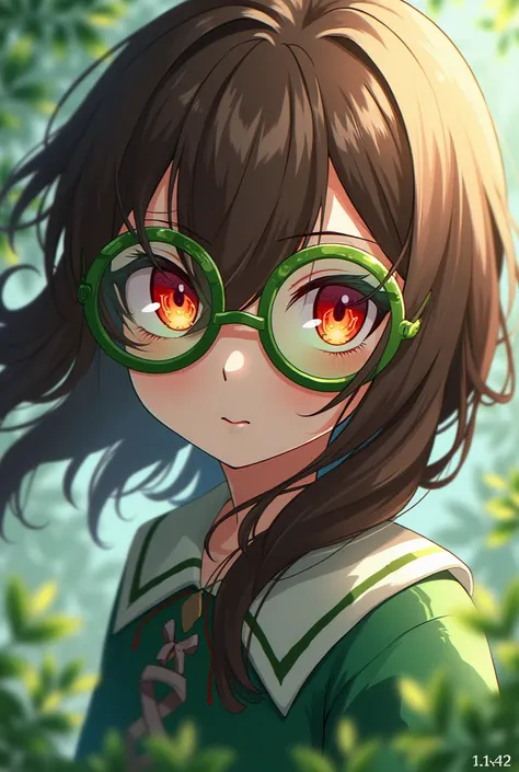 Create an anime character similar to Hu Tao but with crimson red eyes and also has plant green glasses and brown hair that covers only one eye.