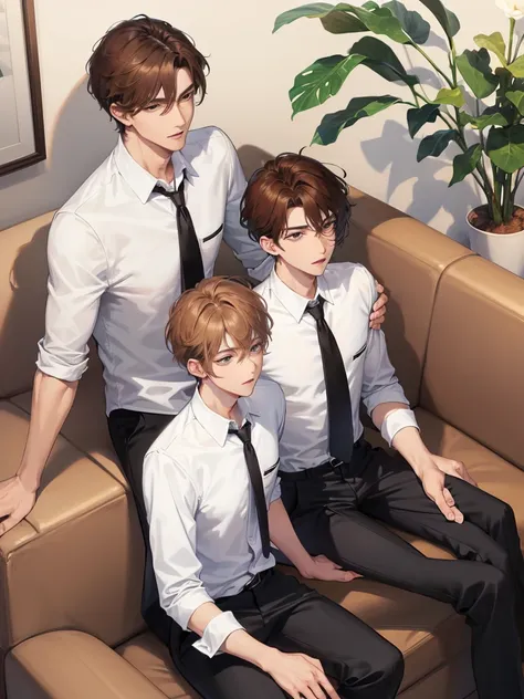 Male couple, a very handsome man with fair skin, charming eyes, short light brown hair, slim figure, wearing a company uniform, white shirt and black slacks, sitting on another man&#39;s lap. The man who was sitting on his lap was very handsome, had a grea...