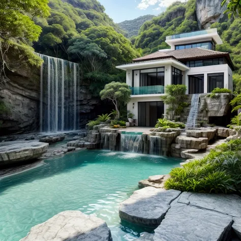 House with marble walls and a balcony all around the house, on a rock with waterfalls, floating on a river with crystal clear blue waters and a rocky bed, in a landscape full of vegetation and colorful flowers, in the background green hills, in the midday ...