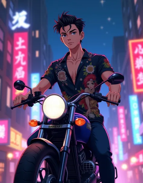 Create a anime style landscape image. A young handsome man with a modern and striking style. He has his hair combed upwards and a polished appearance.. He wears a dark shirt with detailed designs., including an image of a woman, flowers and other decorativ...