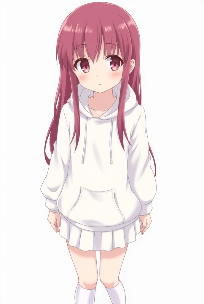 One girl,( Facing the viewer）,whole body, Highest quality, Ultra-high resolution, Simple Background,Long Hair,Half Up,Cherry colored hair color,A simple white hoodie, White skirt and white knee socks, Are standing,