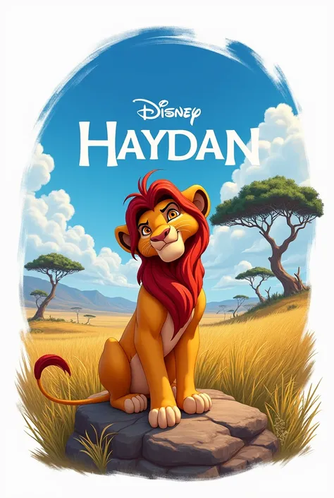 Cree moi une image avec écrit Haydan avec personnage disney simba savane sur un fond blanc