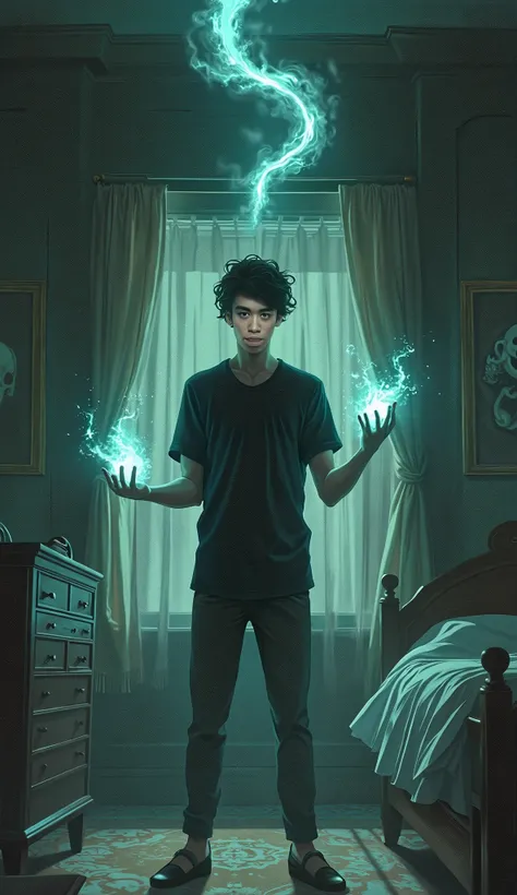 A man wearing black shirt playing magic thing in the scary bedroom, studio ghibli art style